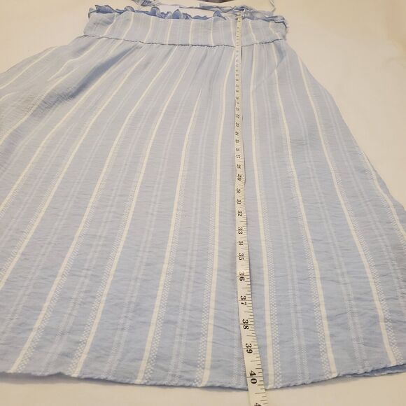 BCBG Paris Light Blue Crepe Midi Dress Size L Babydoll Summer Peasant Stripped - Picture 9 of 9